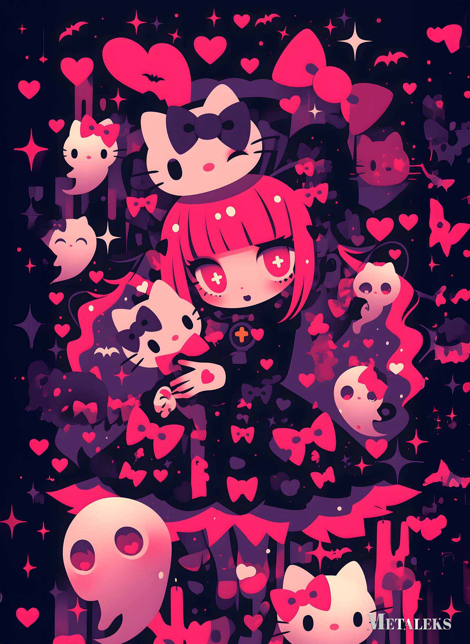 Creepy Cute Hello Kitty - Gothic Pink Hearts and Ghosts