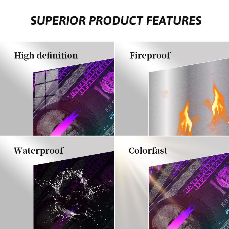 Custom metal print with fire-retardant finish, waterproof seal and anti-corrosion backing