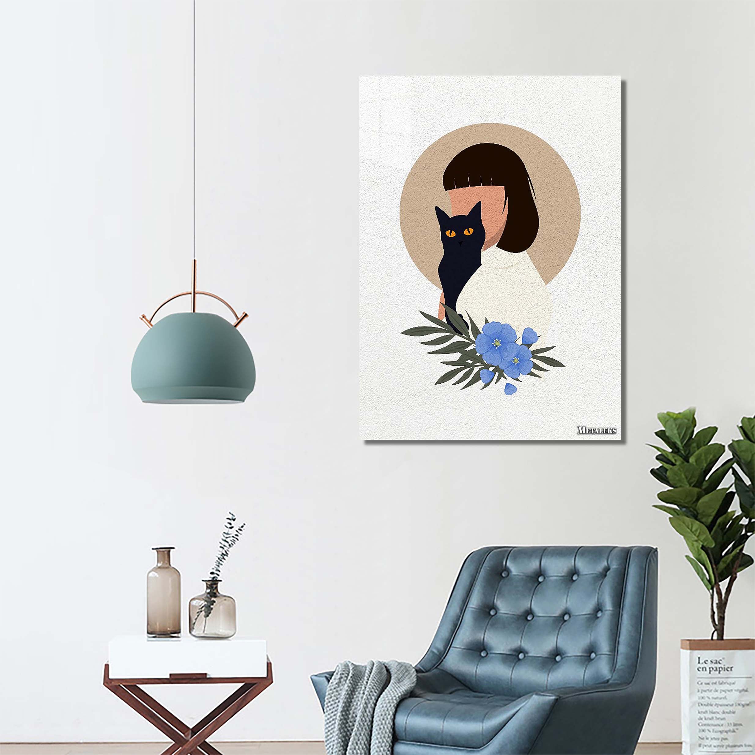 Minimal art illustration simple girl and cat with purple flower