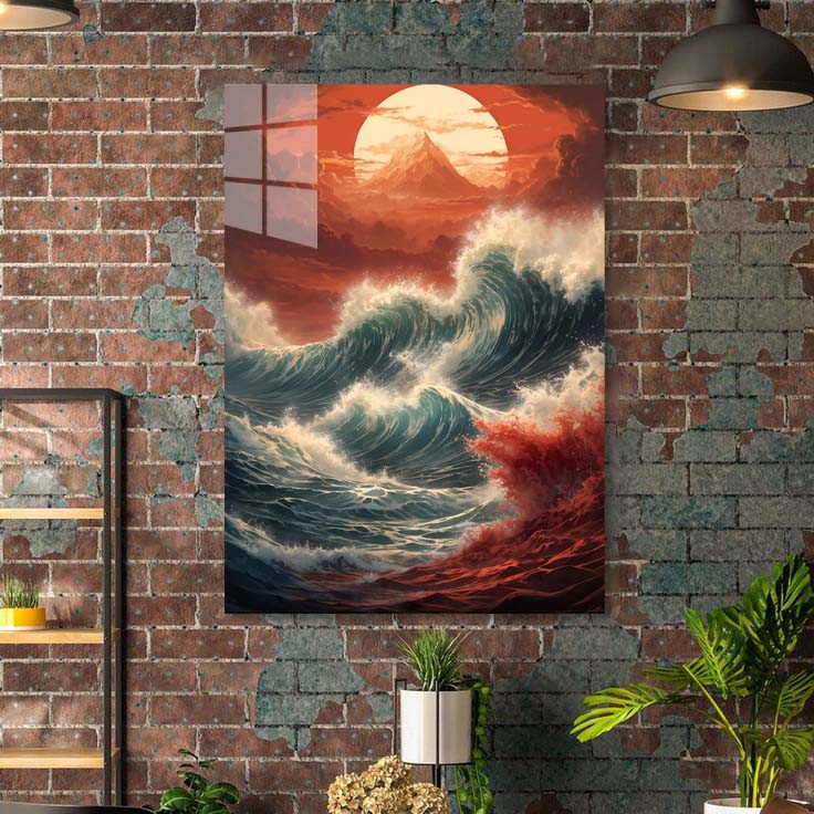 Ocean Wave Japanese Sunset Art